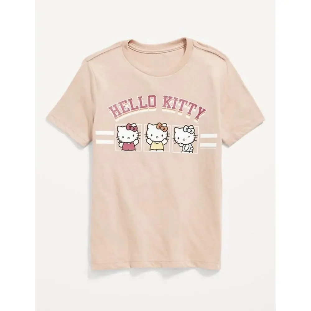 Hello Kitty Trio Varsity Dusty Pink Tan Short Sleeve T Shirt Top Size XL 14-16
